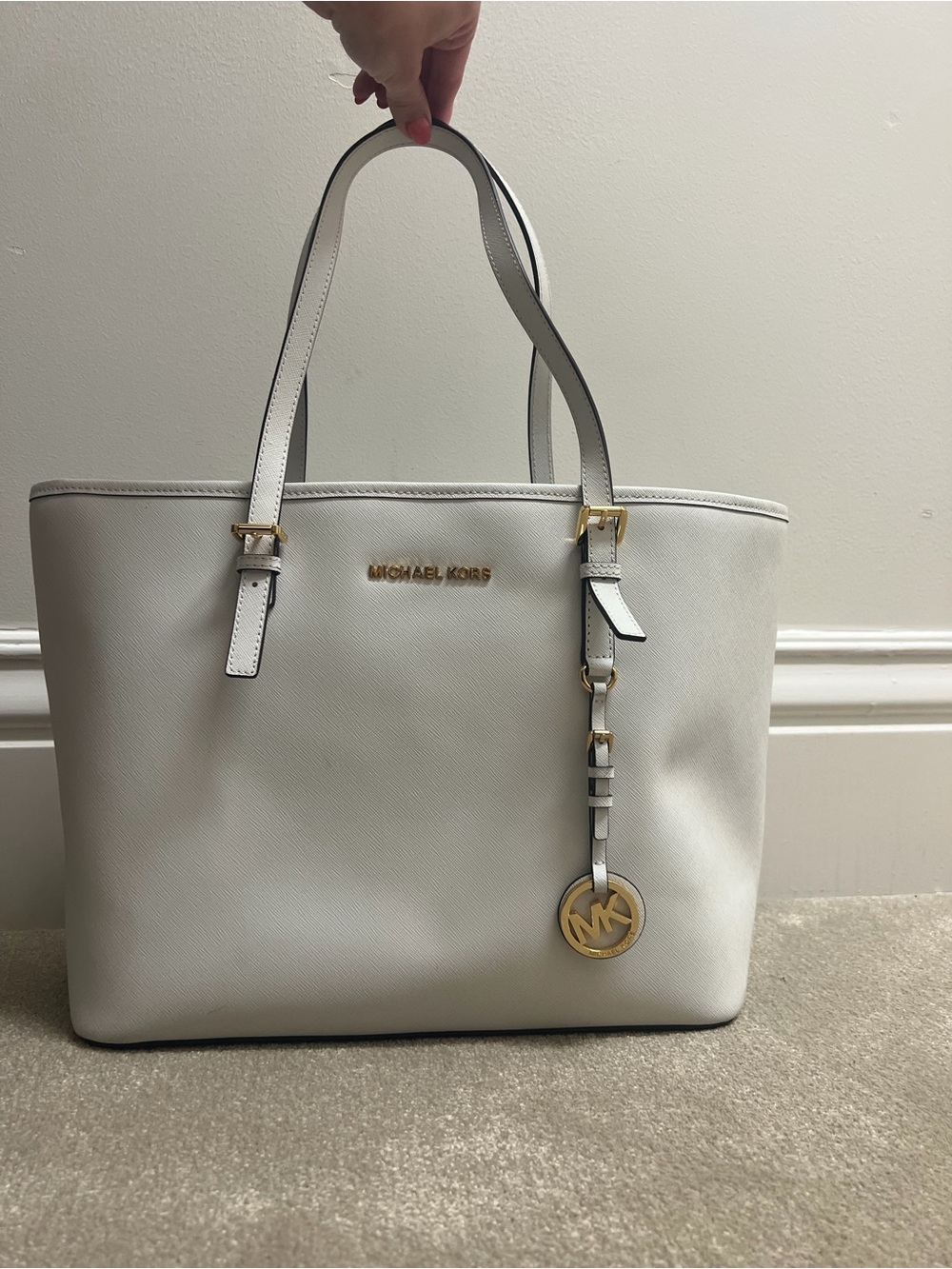 Michael Kors White Leather Tote with Gold Logo Charm